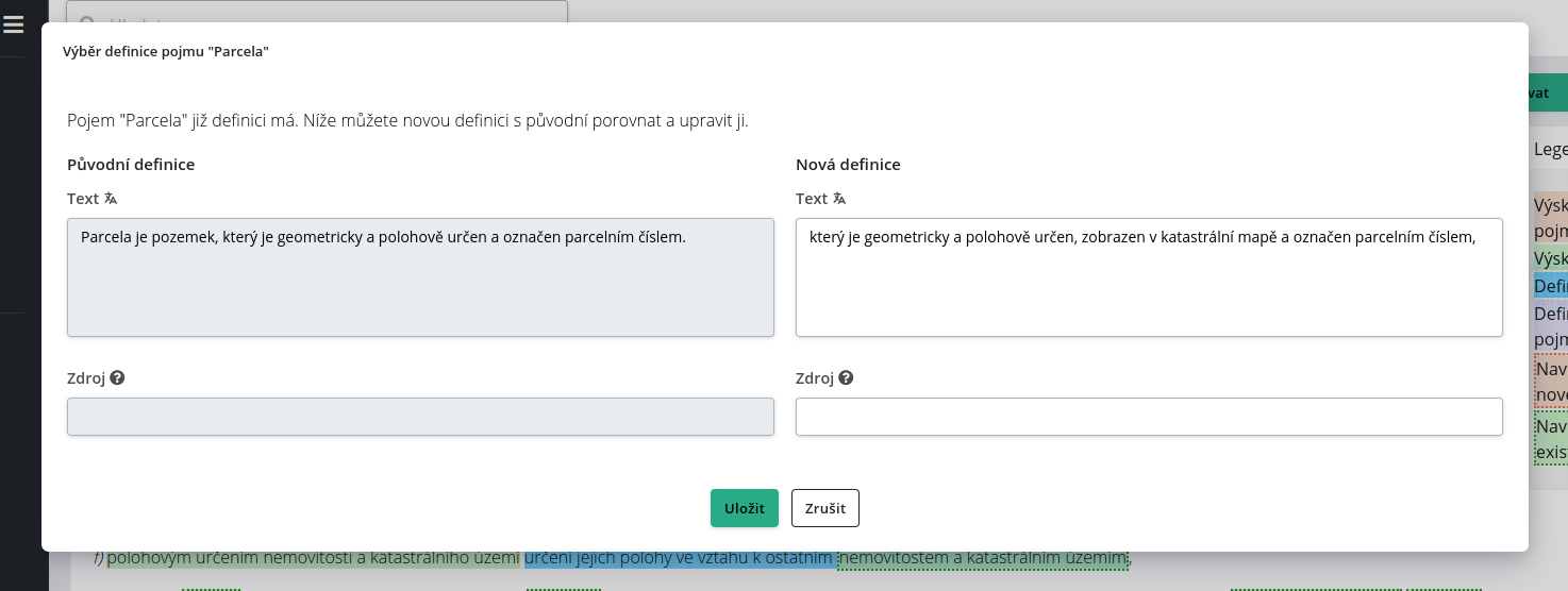 Porovnání stávajícího a nového textu definice