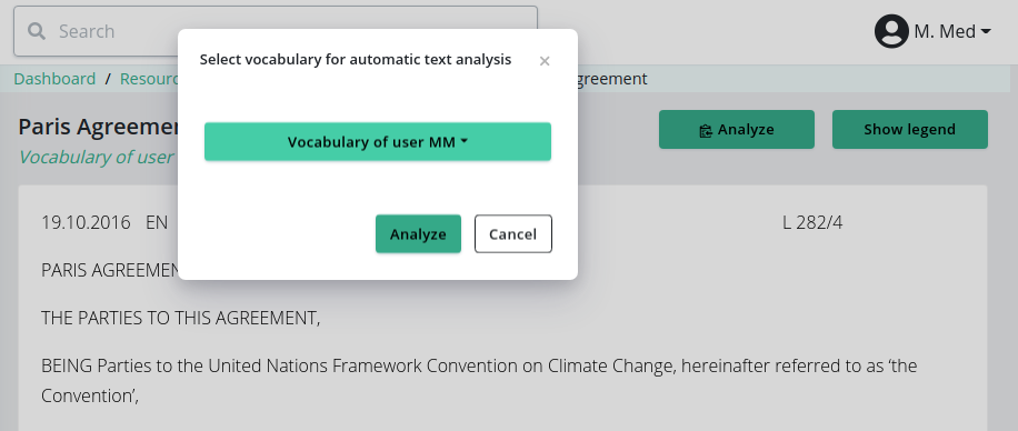 Dialogue for selection of a vocabulary used for analysis