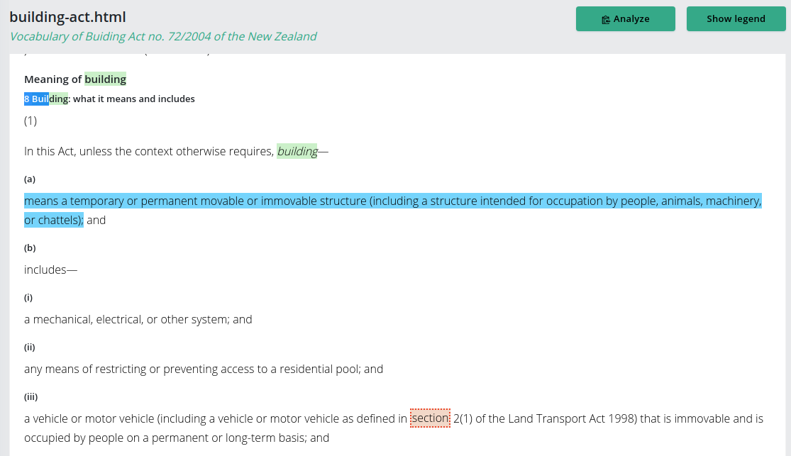 Content of a document with marked term occurrences and definition