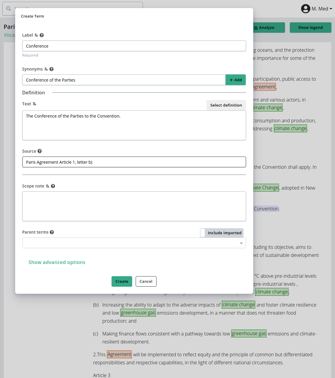 Dialogue to create a new term from the text of a document file