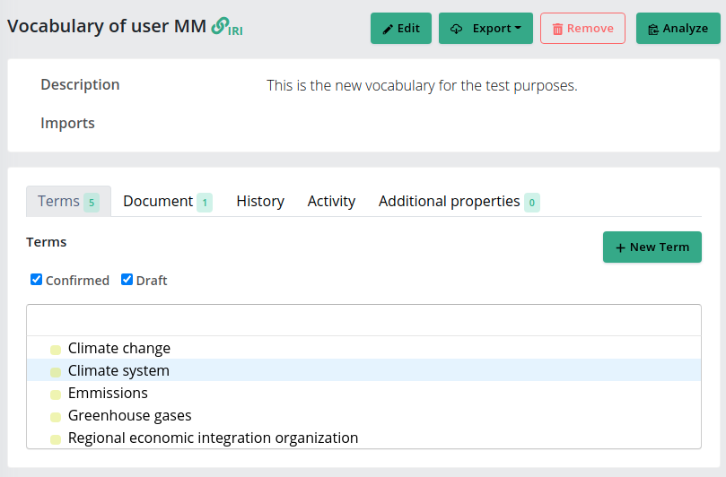 List of new terms with validation markers.